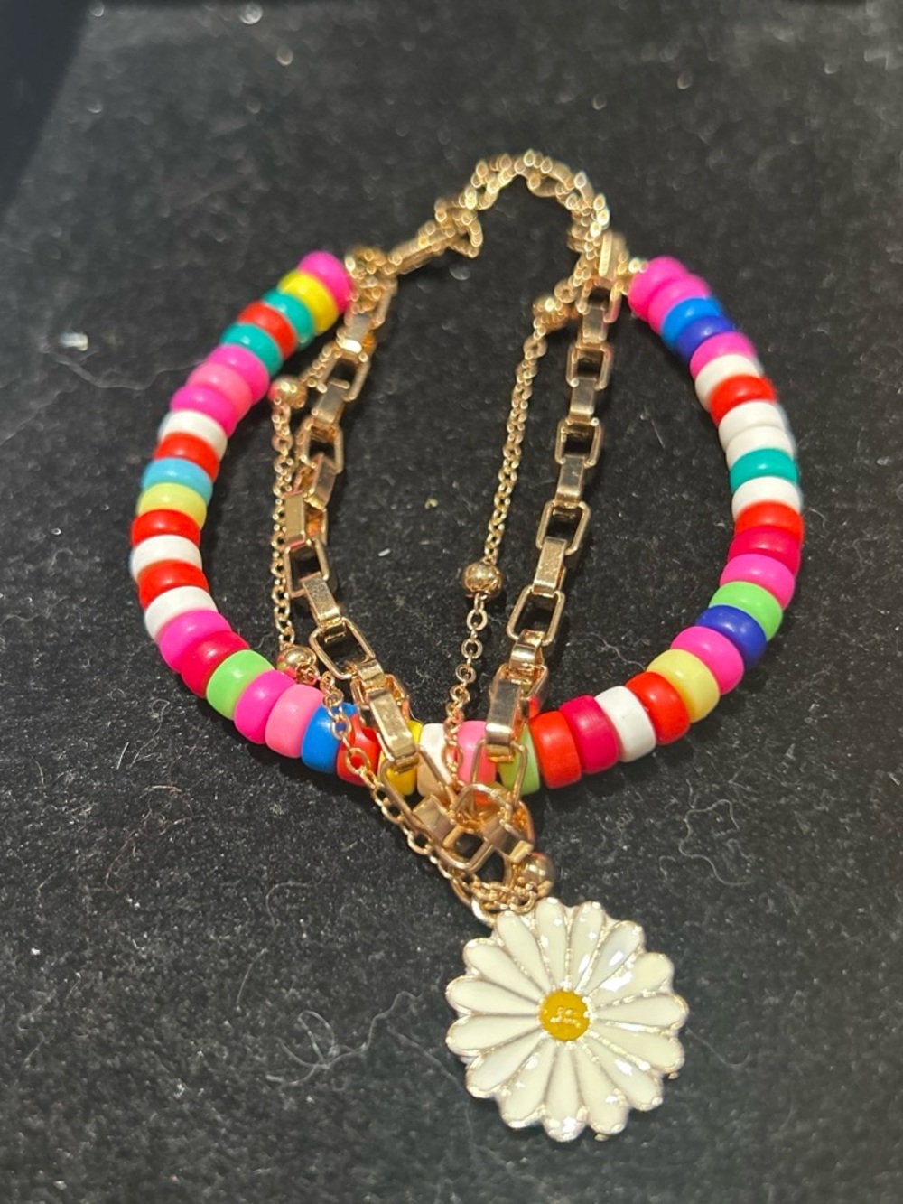 Multicolor Beaded Daisy Charm Layered Bracelet